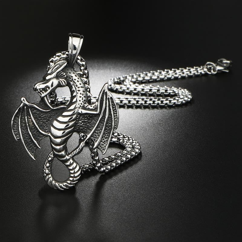 El Regalo Dragon Necklace for Men | Norse Viking Dragon Pendant Necklace with Chain | Gothic Dragon Wings Amulet Necklace | Stainless Steel Fantasy Jewelry for Men & Boys