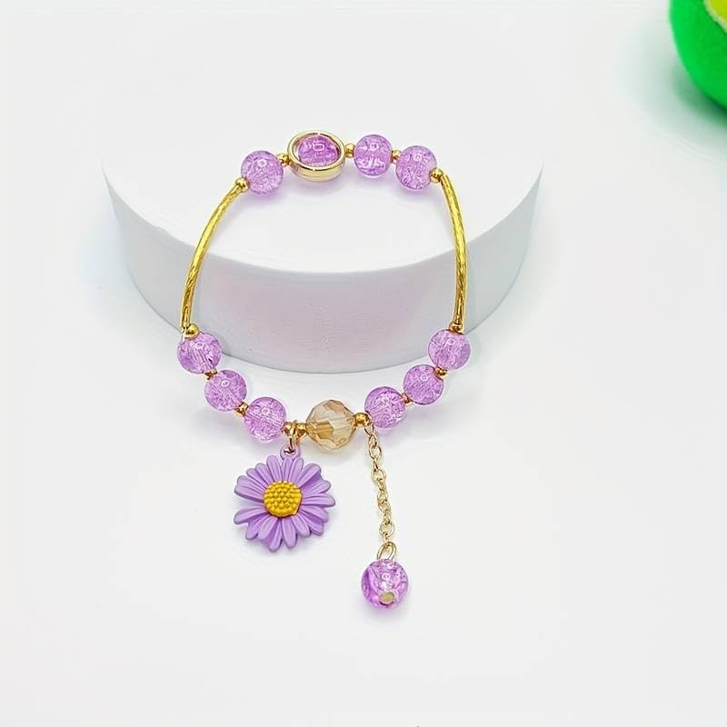 El Regalo 1PC Daisy Flower/Sunflower Crackle Beads Stretch Bracelet for Girls & Women- Fancy Floral Bracelets (Purple)