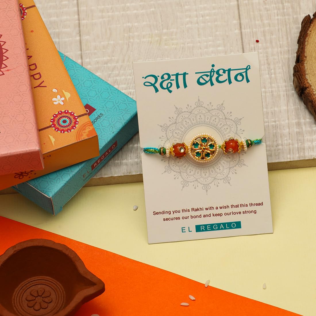 El Regalo Designer 1 PC Pearl, Kundan, Meena work Rakhi for Brother- Fancy Rakhi for Brother with Roli Chwal, Rakhi Message Card in Rakhi Box