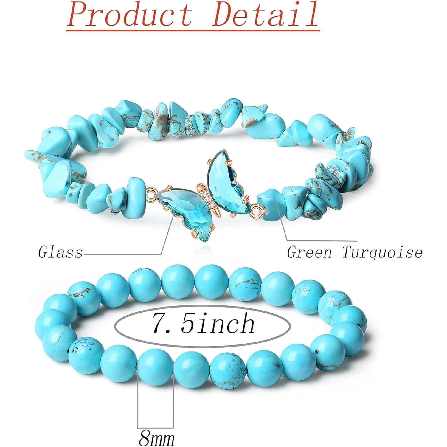 El Regalo 2PCs Natural Crystals Butterfly Bracelets Set- Real Crystals Healing Stones Bracelet Combo for Women (Turquoise Green)