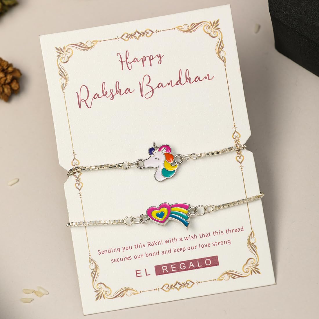 El Regalo 2 PCs Cute Kids Fancy Bracelet Rakhis Set - Beautiful 2 Kids Rakhis Combo with Roli Chawal, Rakhi Message Card in Rakhi Gift Box for Little Brother/Niece/Nephew (Unicorn & Rainbow Heart)