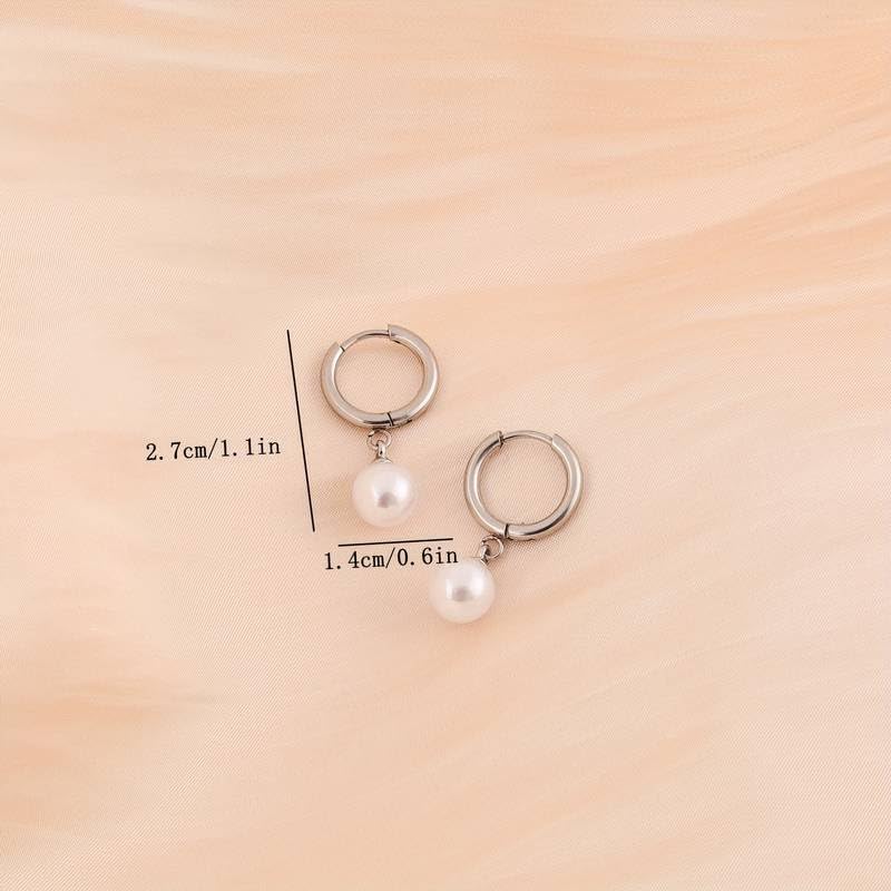 El Regalo Stainless Steel Pearl Hoop Earrings- Anti-Tarnish Small Pearl Drop Huggie Hoop Bali Earrings for Girls & Women (Silver)