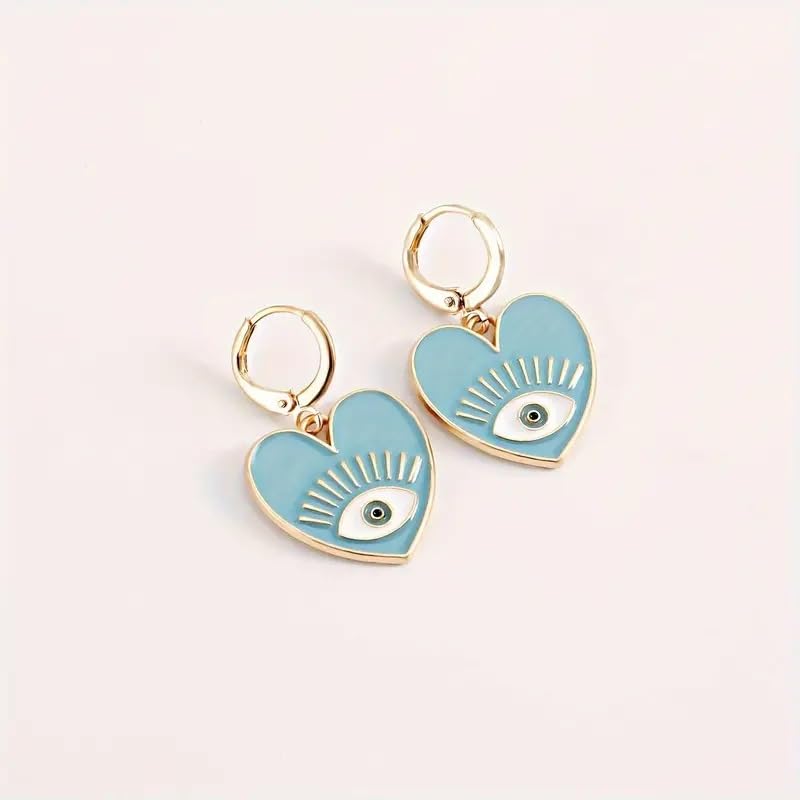 El Regalo 1 Pair Heart Evil Eye Enameled Hook Earrings - Dainty Evil Eye Hypoallergenic Heart Earrings for Girls & Women (Blue Hoop Evil Eye)