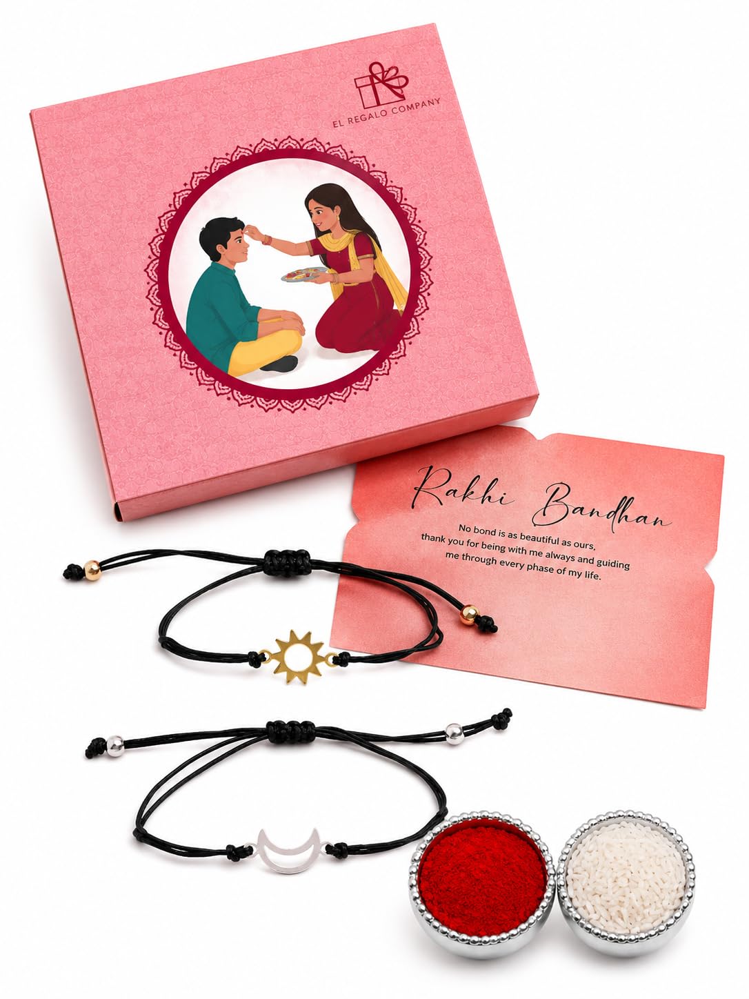 El Regalo 2PCs Sun Moon Adjustable Rakhis for Brother- Simple & Elegant 2 Rakhis with Roli Chawal, Message Card in Rakhi Box for Bhaiya-bhabhi