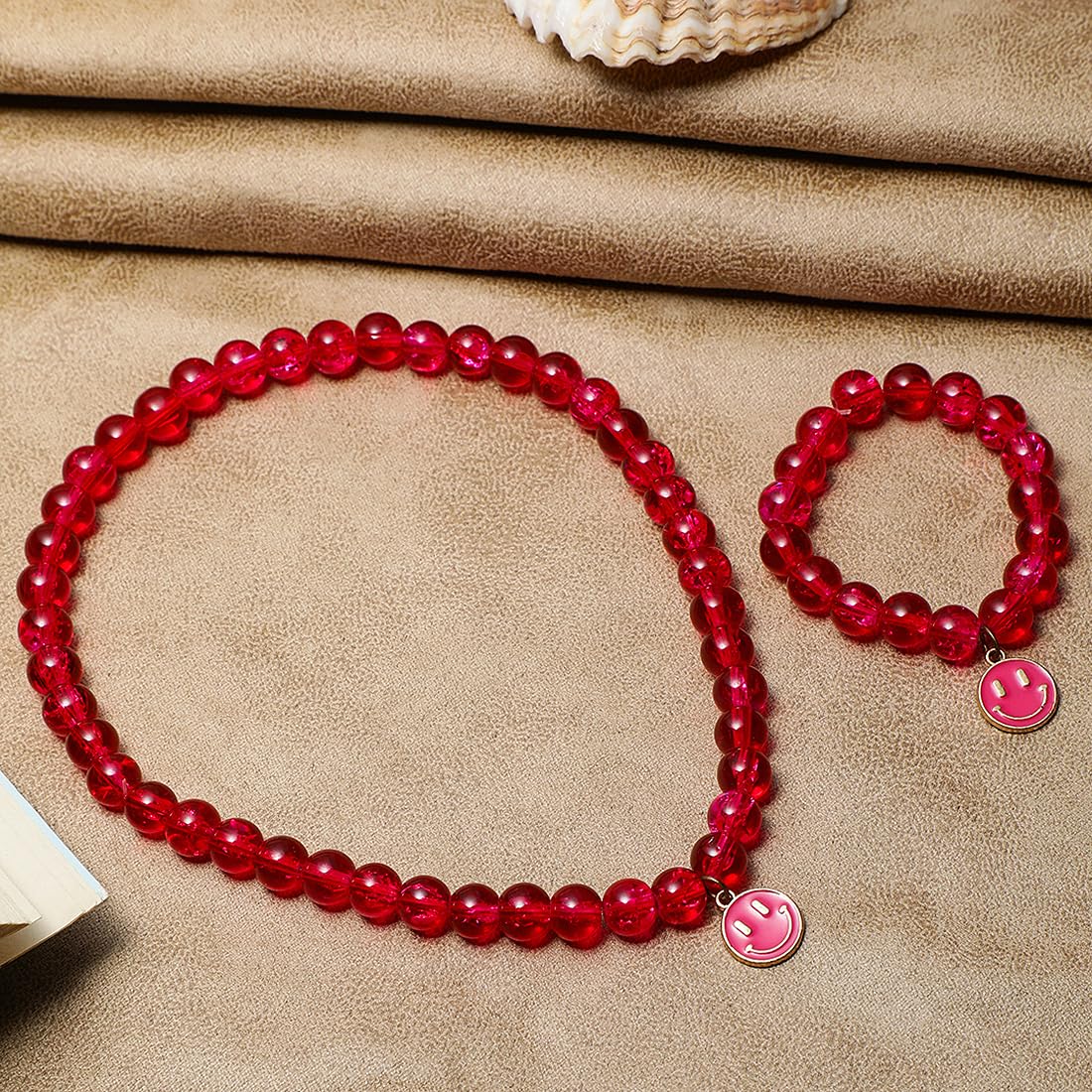 El Regalo 2 PCs Shiny Crackled Beads Kids Girls Necklace & Bracelet Jewelry Sets - Cute Kids Charms Jewelry with Sparkly Beads for Kids/Toddlers Girls (Smily Jewelry Set)