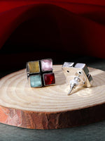 El Regalo 925 Silver Plated Oxidized Stud Earrings with Monalisha Stones - Square Bohemian Stud Earrings for Women - Tribal Antique Replica Earrings (Multi Color)