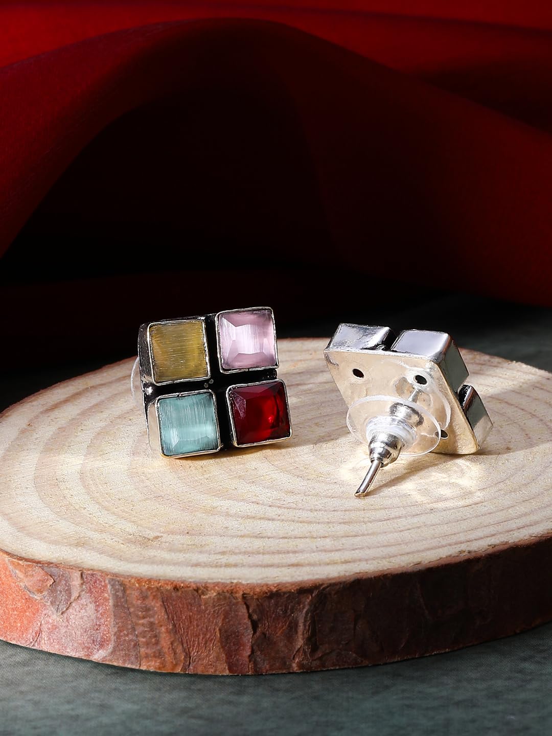 El Regalo 925 Silver Plated Oxidized Stud Earrings with Monalisha Stones - Square Bohemian Stud Earrings for Women - Tribal Antique Replica Earrings (Multi Color)