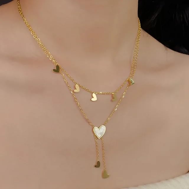 El Regalo Stainless Steel Double Layered Tassel Love Hearts Necklace for Girls & Women- Anti Tarnish, Elegant, Waterproof Hearts Necklace