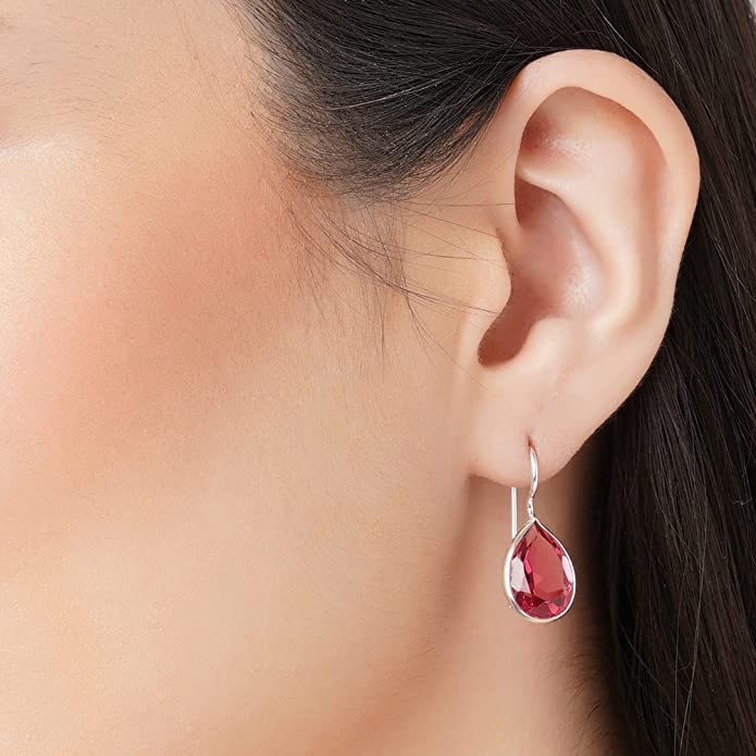 El Regalo 925 Silver Plated Brass Hook Earrings with Bright Stones for Women & Girls- Valentines Day Gift (Rose Pink)