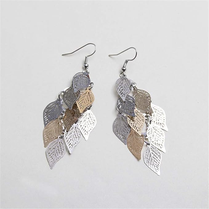 El Regalo 1 Pair Pretty Leaves Bunch Chandelier Earrings for Girls & Women- Boho Lightweight Hollow Filigree Leaves Drop Earrings (Gold Grey Shades)