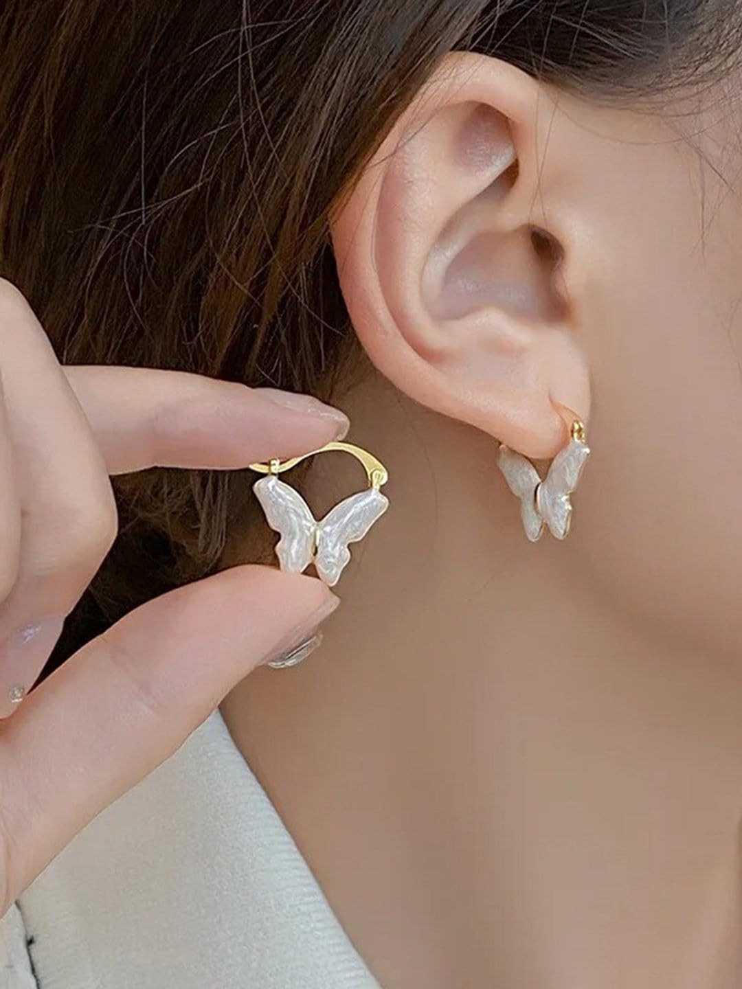 El Regalo Elegant Butterfly Hoop Earrings for Girls & Women- Exquisite White Enamel Butterfly Hoop Earrings