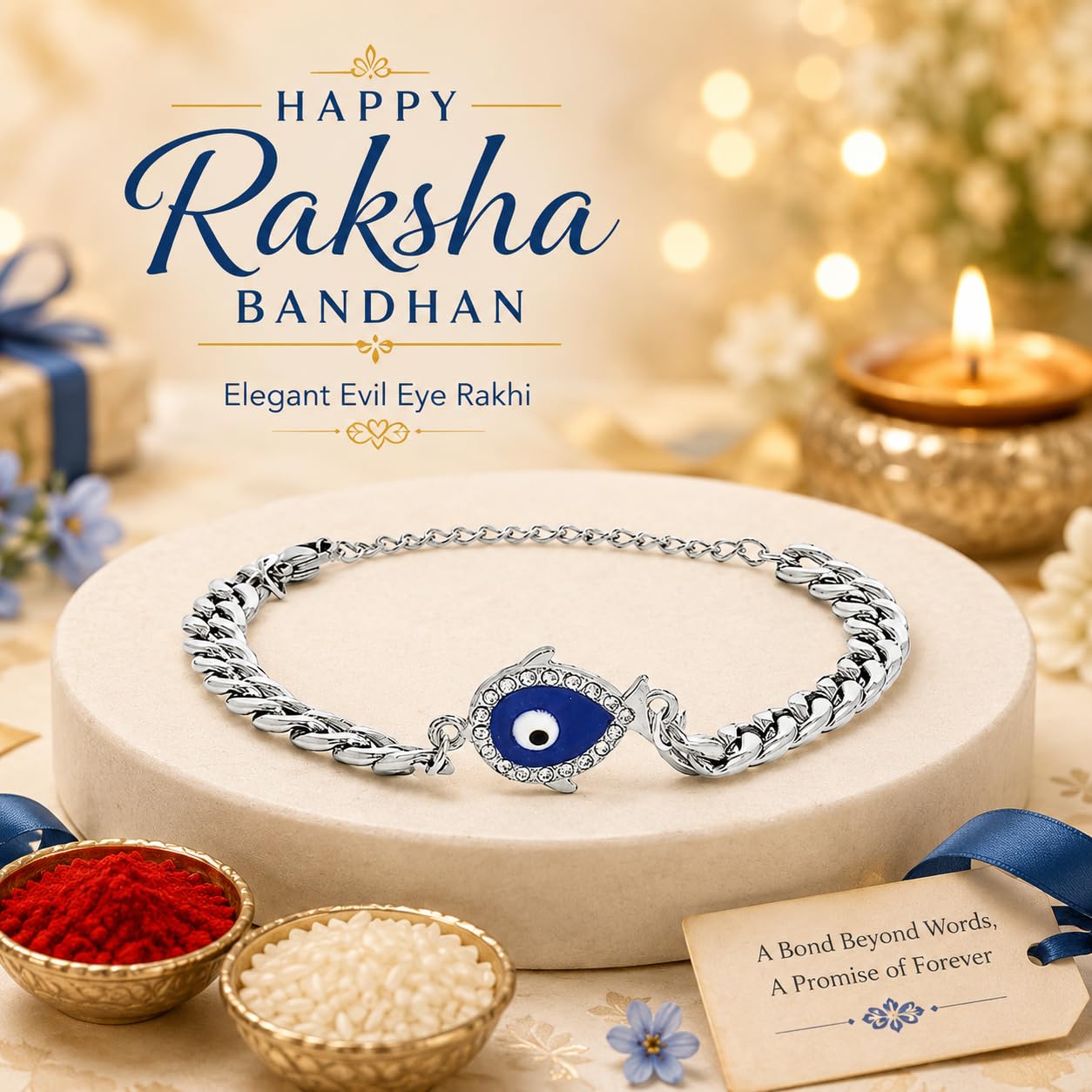 El Regalo Unisex-Adult 1Pc Cz Evil Eye Stainless Steel Rakhi For Brother - Anti Tarnish/No Rust/Waterproof Evil Eye Designer Rakhi With Roli Chawal, Rakhi Message Card In Rakhi Gift Box (Option-1)