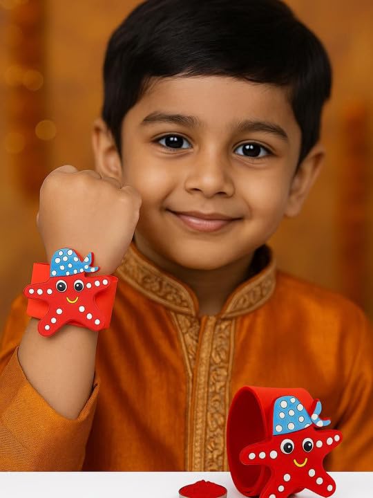 El Regalo Cute Slap Band Bracelet Rakhi for Kids Boys & Little Brother | Fun Quirky Silicone Slap Wristband Rakhi for Toddlers & Children with Roli Chawal Pack and Gift Box (Star Fish)