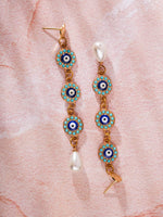 El Regalo Elegant Long Evil Eye Pearl Heart Stud Earrings- Fancy Evil Eye Statement Earrings with Pearl Drop for Women