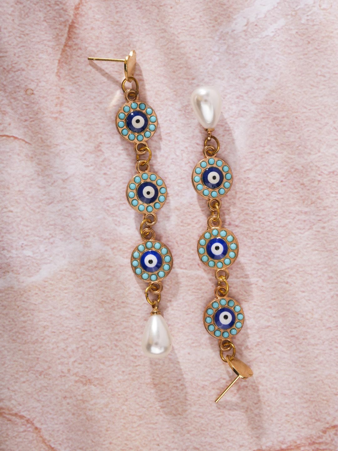 El Regalo Elegant Long Evil Eye Pearl Heart Stud Earrings- Fancy Evil Eye Statement Earrings with Pearl Drop for Women