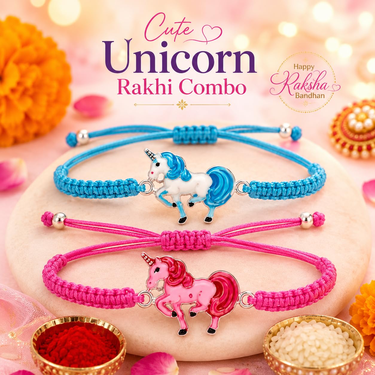 El Regalo 2 Unicorn Rakhis Gift Combo for Littler Brother/Kids beautiful Kids Rakhi Set with 2 Rakhis, shagun & Rakhi Message Card in Gift Box for Brother/Sister/Niece and Nephew (Option-3)