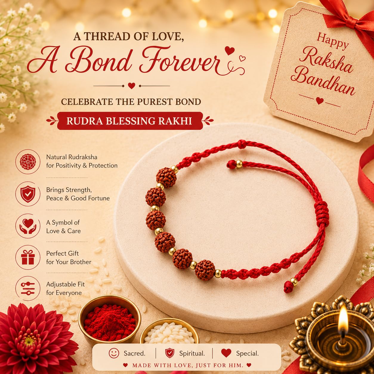 El Regalo Unisex-Adult 1 Pc Rudraksha Rakhi For Brother Lord Shiva With Shagun, Rakhi Message Card In Rakhi Gift Box For Bhai (Rudraksha Multi Beads)