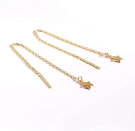 El Regalo Gold Plated Plated Minimalist Long Thin Tassel Elegant Threader Dangle Chain Earrings for Girls & Women (Golden Star Threader)