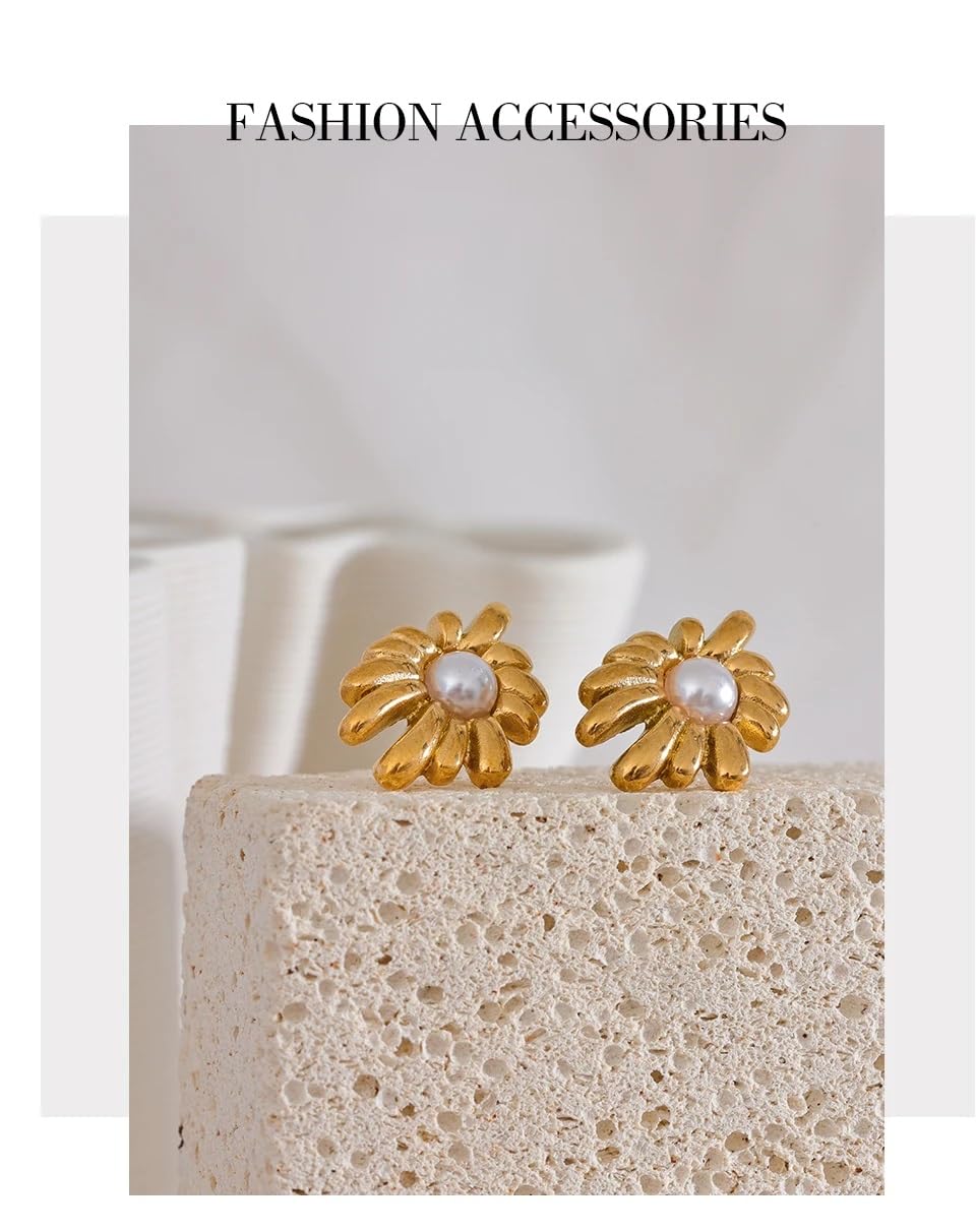 El Regalo Stainless Steel Pearl Flower Stud Earrings- Glamorous, Elegant, Anti Tarnish/Waterproof Geometric Design, Gold Polished Finish for Women & Girls