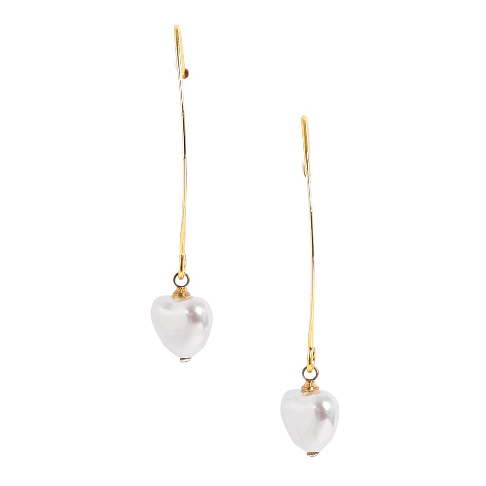 El Regalo 2 Pairs Pearls Earrings - Drop and Heart Pearls Dangle Golden Brass Earrings for Girls & Women