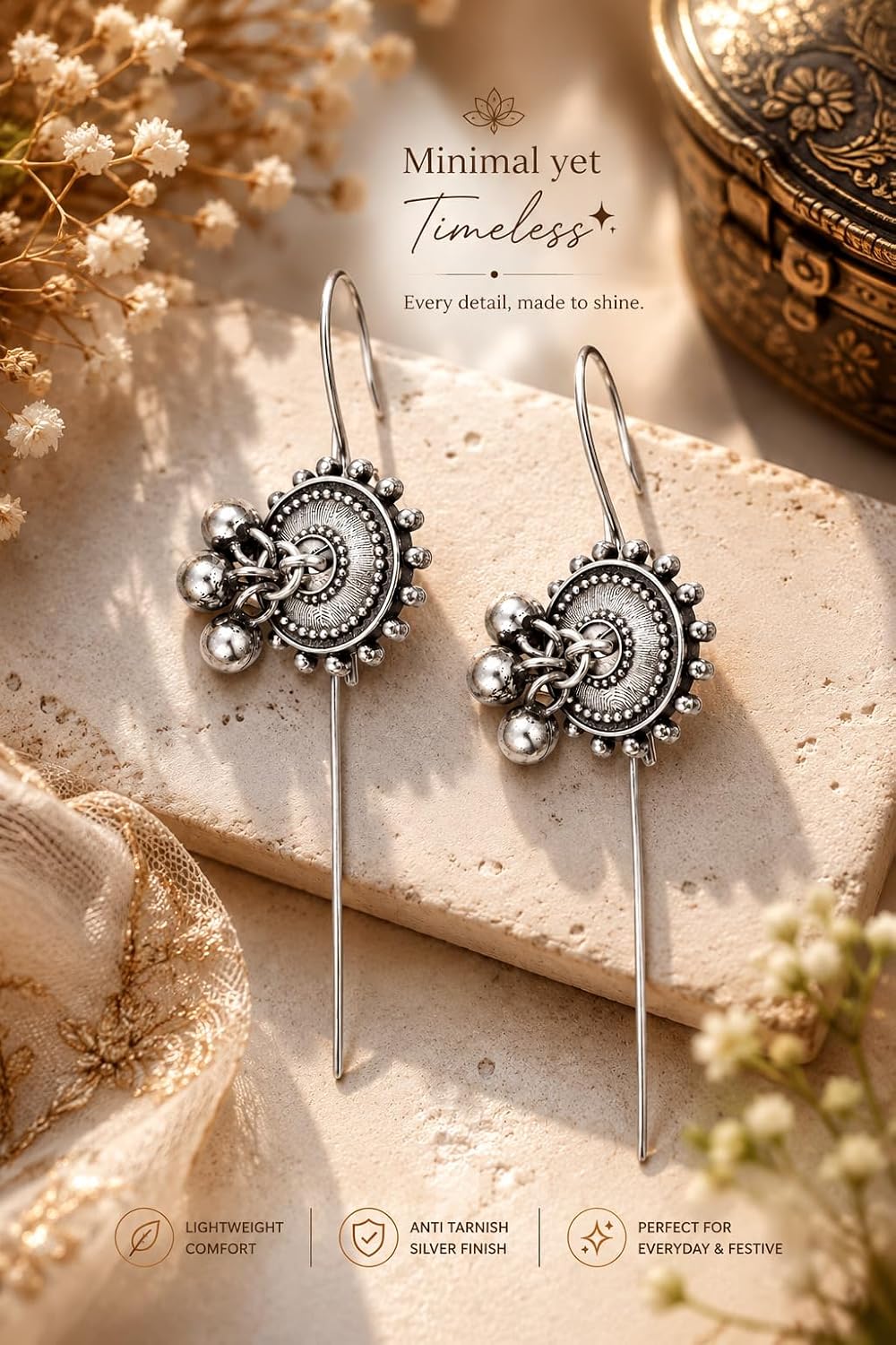 El Regalo Oxidized German Silver Needle Ear Wrap Earrings- Quirky Fashions Pin Bugadi Earrings (Geometric)
