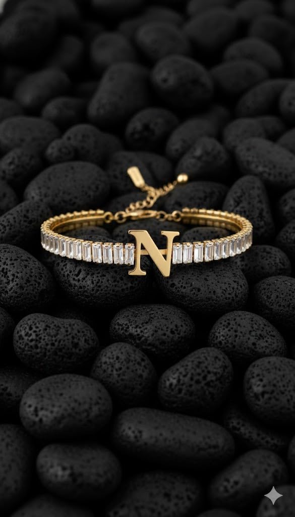 El Regalo Personalized Initial Letter Bracelet for Women | Gold Finish Tennis Bracelet with Alphabet Charm | Adjustable Stainless Steel Zircon Bracelet | Anti Tarnish Jewelry (N Letter)