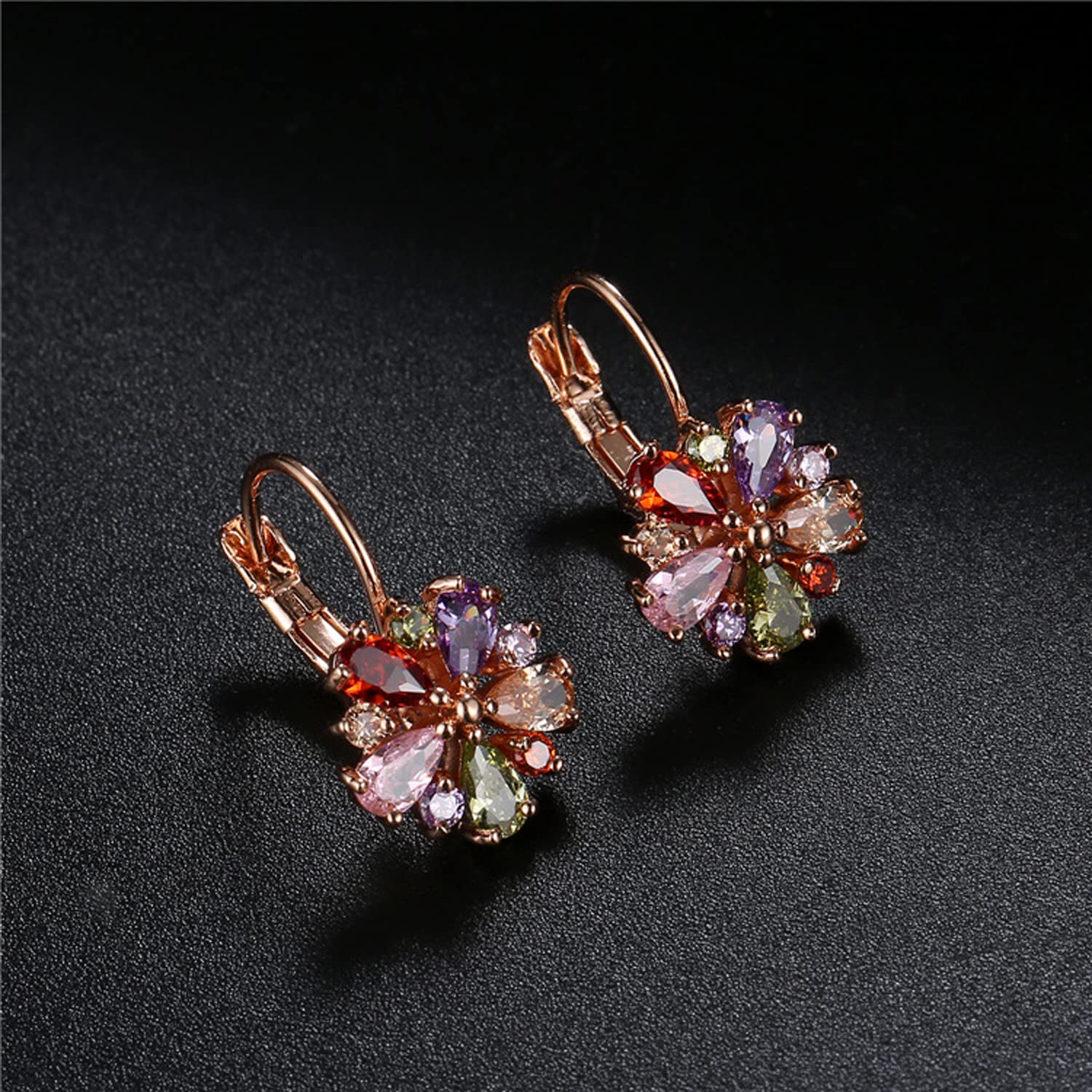 14K Rose Gold Huggie Stud Earrings for Women Gold Hoop Earrings Multicolored Crystal Elements Fashion Bridal Jewelry, Brass, crystals