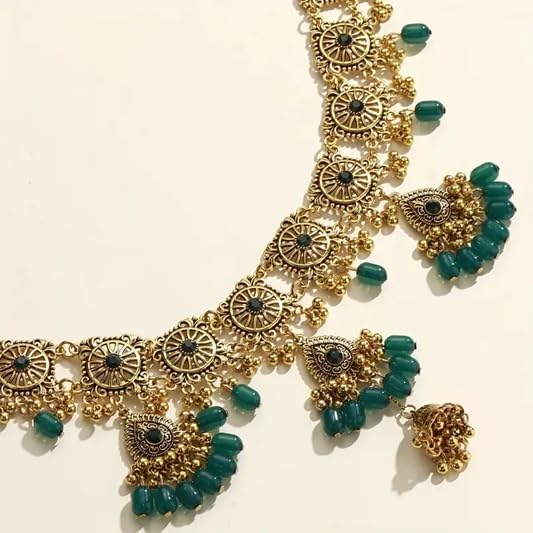 El Regalo Bohemian Vintage Hollow Waist Chain for Women - Indian Ethnic Golden Belly Chain with Beads, Tassels, Jhumkas & Bells - Adjustable Waist/Hip Body Belt for Saree, Lehenga & Dresses (Green)