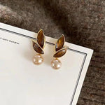 El Regalo Exquisite Champagne Leaf Pearl Drop Earrings for Women - Vintage Glossy Pearl Leaf Stud Earrings - Elegant Jewelry for Special Occasions
