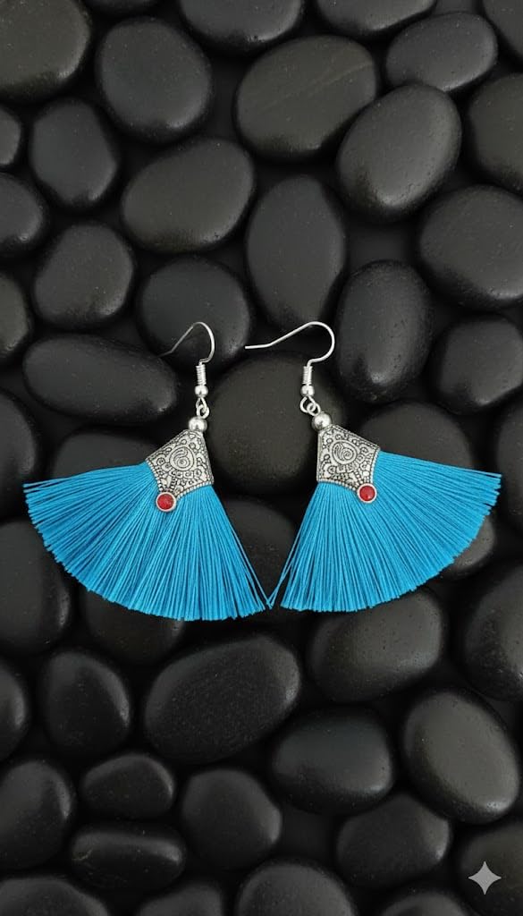 El Regalo Tribal Boho Tassel Earrings for Women & Girls | Oxidised Silver Finished Silk Thread Dangle & Drop Earrings | Handcrafted Bohemian Statement Jewellery for Ethnic, Western & Fusion Clothes (Sky Blue)