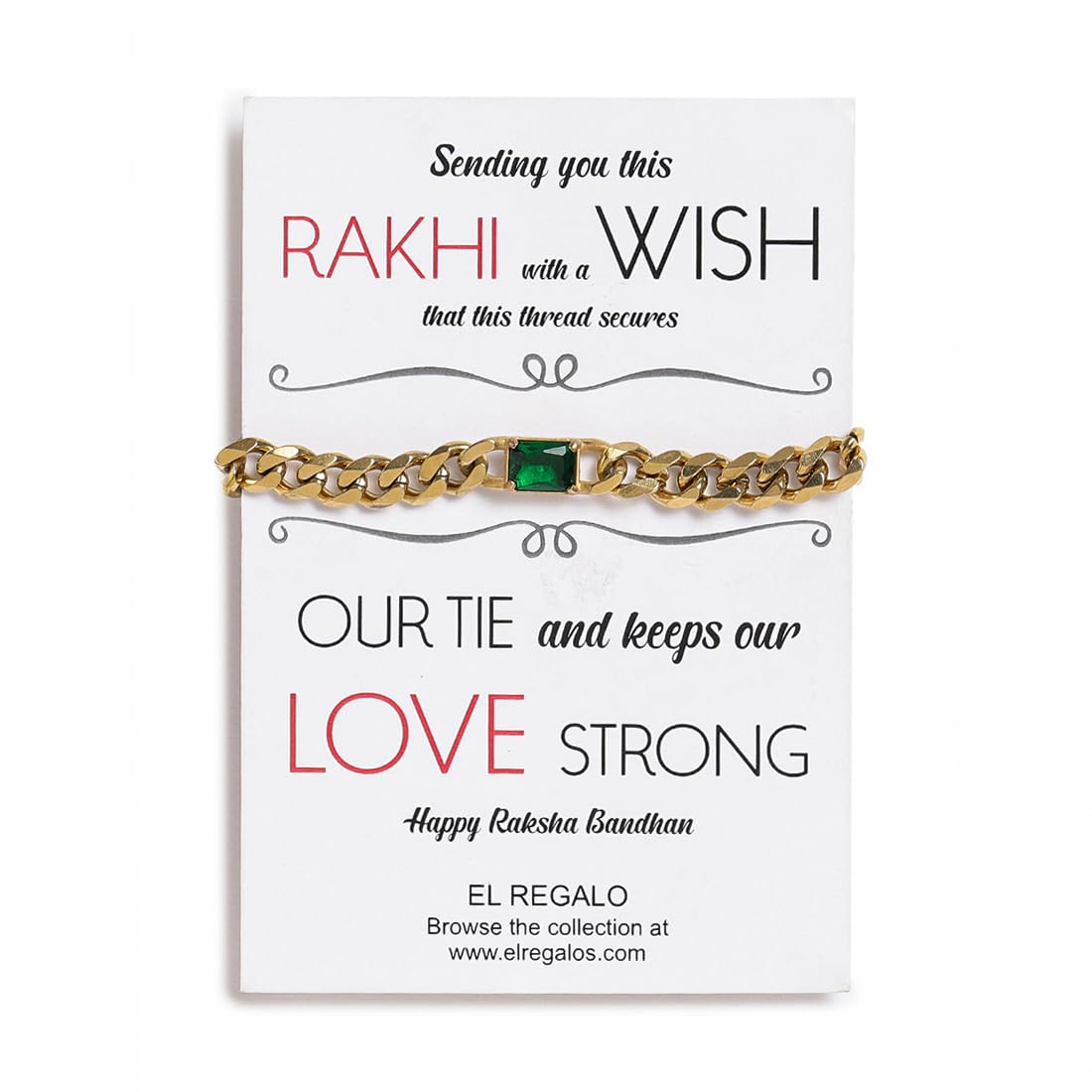 El Regalo 1 PC Stainless Steel Cuban Chain Bracelets Rakhi for Brother | 1 PC Anti Tarnish Stone Bracelet Rakhi with Roli- Chanwal, Message Card in Rakhi Gift Box for Bhai/Bhaiya (Green Stone Rakhi)