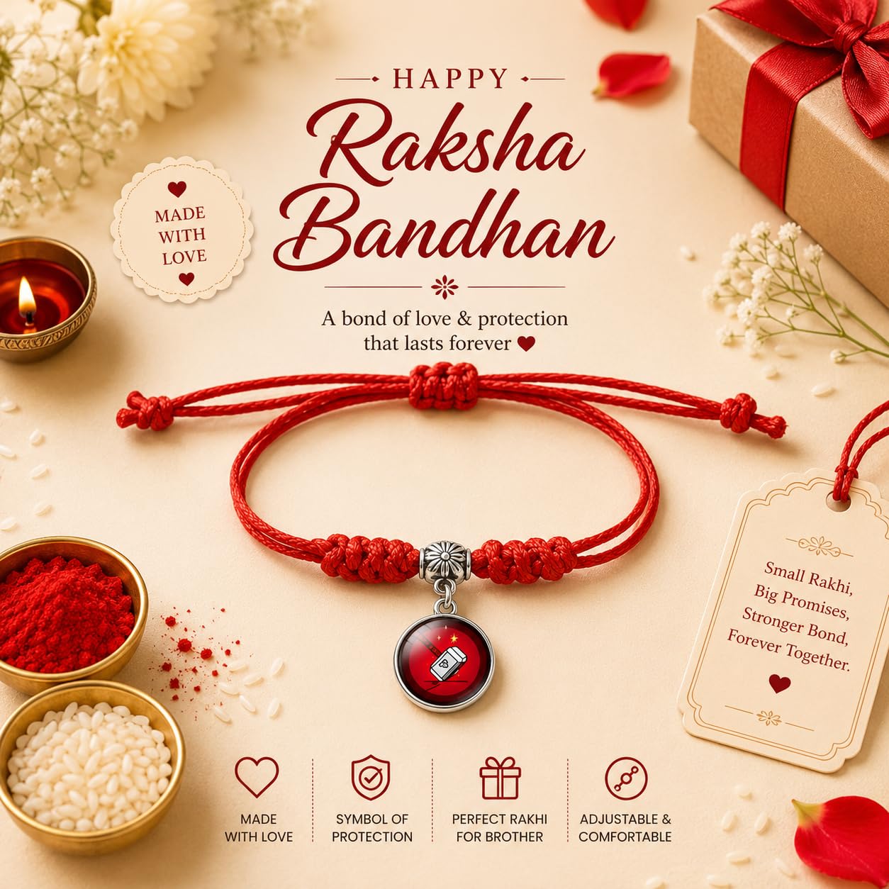 El Regalo 1PC Superhero Kids Rakhi- Fun Kids Bracelet Rakhi with Roli Chawal, Rakhi Message Card in Rakhi Gift Box for Little Bro/Sister/Niece or Nephew (Thor Red Rakhi)
