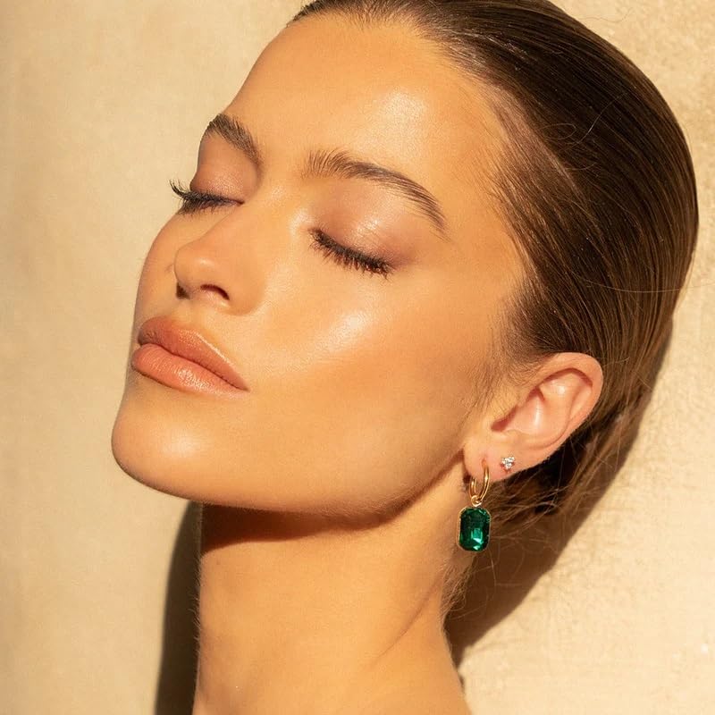 El Regalo Stainless Steel Rectangular Cut Rhinestone Hoop Earrings - Elegant 18K Gold Plated Waterproof Vintage-Inspired Cubic Zirconia Huggie Hoops for Women (Green)