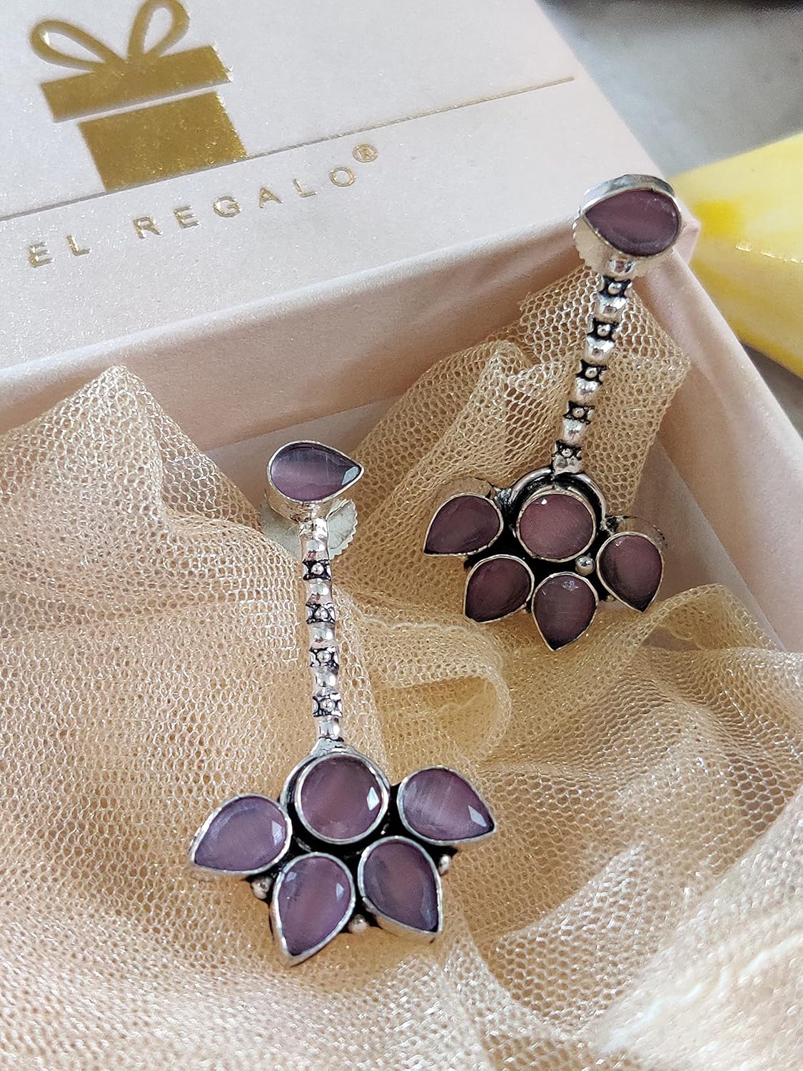 El Regalo Lavender Stones Statement Earrings - Oxidized Silver Finish Vintage Earrings for Girls & Women