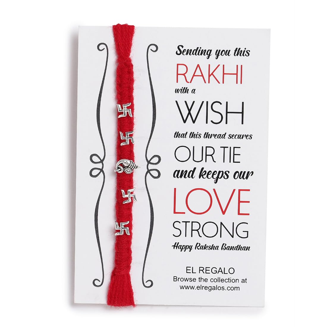 El Regalo OM Ganesha Swastik Red Moli Thread Rakhi for Brother/Bhai/Bhaiya- Auspicious OM/Aum, Ganesha, Satiya Mauli For Boys with Roli Chawal Shagun, Message Card in Gift Box