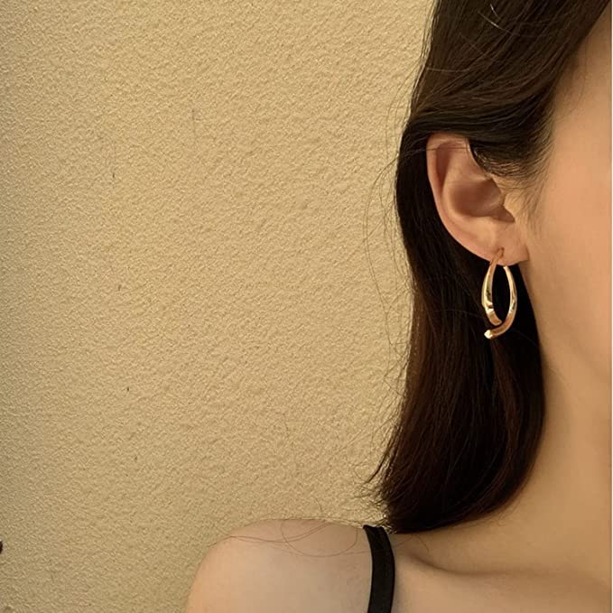 El Regalo Women's & Girl's Cross Curved Earrings, Curved Stick Front Back Linear Drop Hypoallergenic Earrings (Plain Golden)