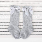 El Regalo Baby Girls Socks Knee High with Bows Princess Socks Kids Girls | Long Booties Vertical Striped Cotton Leg Warmer Socks (2-4 years) (Gray)