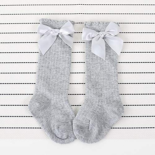 El Regalo Baby Girls Socks Knee High with Bows Princess Socks Kids Girls | Long Booties Vertical Striped Cotton Leg Warmer Socks (2-4 years) (Gray)