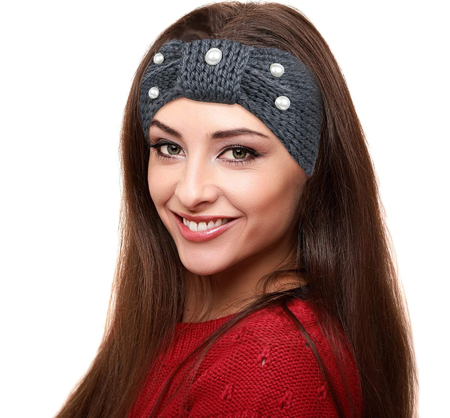 El Regalo Knitted Woolen Pearls Headband, Headwrap, Ear Warmer, Ear Muffs Band, Winter Headbands for Girls, Teens & women (Gray)