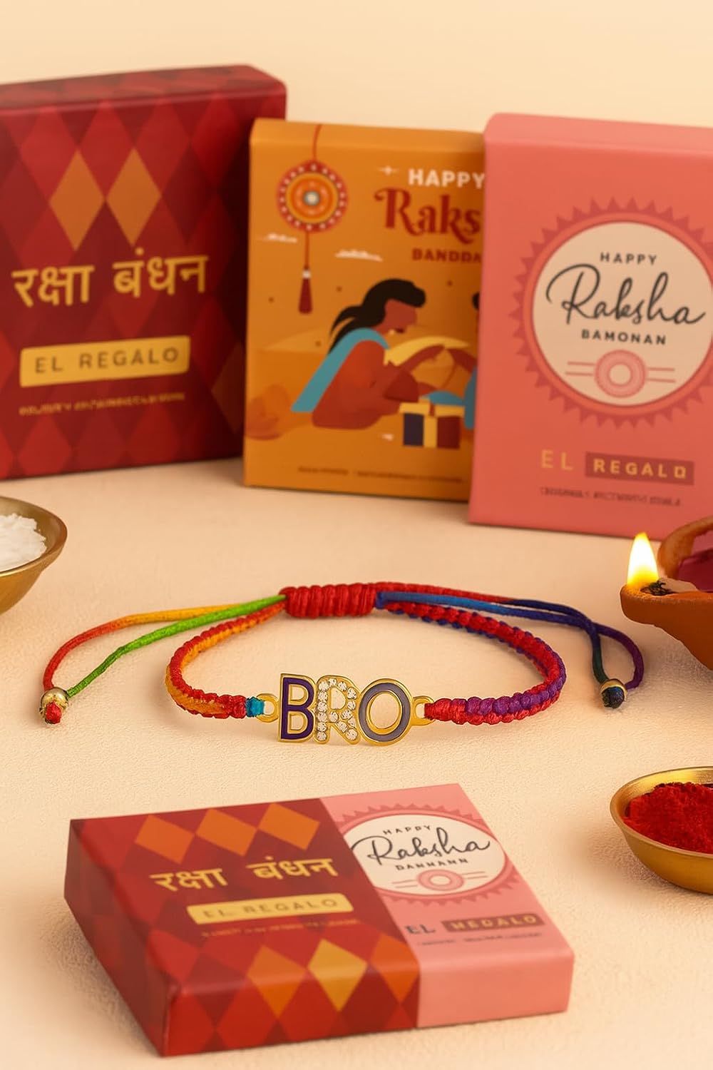 El Regalo Cute Rakhi for Brothers- Avenger, Bro, Om, Evil Eye & More | Handcrafted with Card, Roli Chawal & Rakshabandhan Box | Raksha Bandhan Bracelets for Kids, Brothers, Adults (Bro Rakhi)