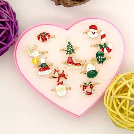 El Regalo 12 Pcs Christmas Adjustable Rings Set for Kids/Girls/Teens/Women | Cute Xmas Party Favour Rings with Heart Gift Box | Santa, Reindeer, Christmas Tree, Snowman, Candy Cane, Wreath Designs