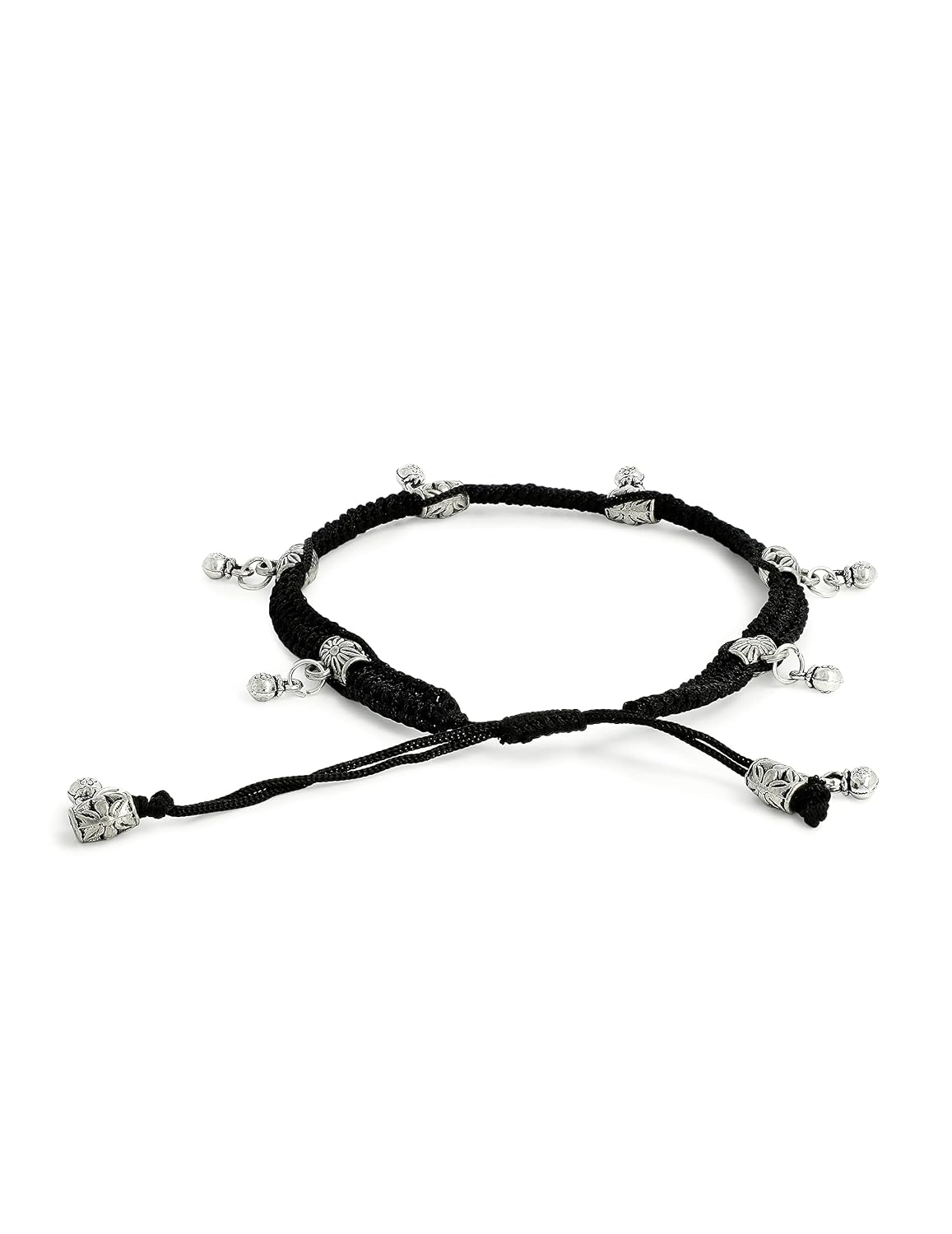 El Regalo 1 PC Boho Macrame Adjustable Oxidized German Silver Bead Nazabattu Anklet for Girls & Women- 1 Leg Bohemian Tribal Thread Anklet (Ghungroo Anklet)