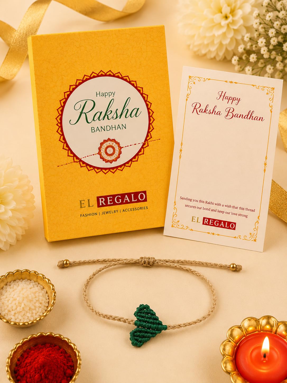 El Regalo Simple Heart Bracelet Rakhi for Brother - Handwoven Adjustable Macrame Rakhi with Roli Chawal | Minimalist Rakshabandhan Bracelet for Bhai in Elegant Rakshabandhan Box (Green)