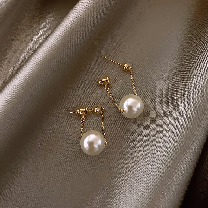El Regalo Korean Fashion Minimalist Pearl Pendant Gold Dangle Earrings for Women & Girls | Elegant Front Back Chain Drop Studs | Western Gothic Chic & Seductive Party Jewelry