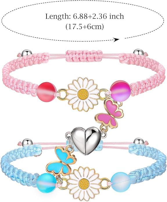 El Regalo 2PCs Magnetic Heart BFF Bracelets Set for Girls- Infinity Heart, Flower, Butterfly Best Friends Friendship Bracelets Jewelry for Teen Girls (Flowers)
