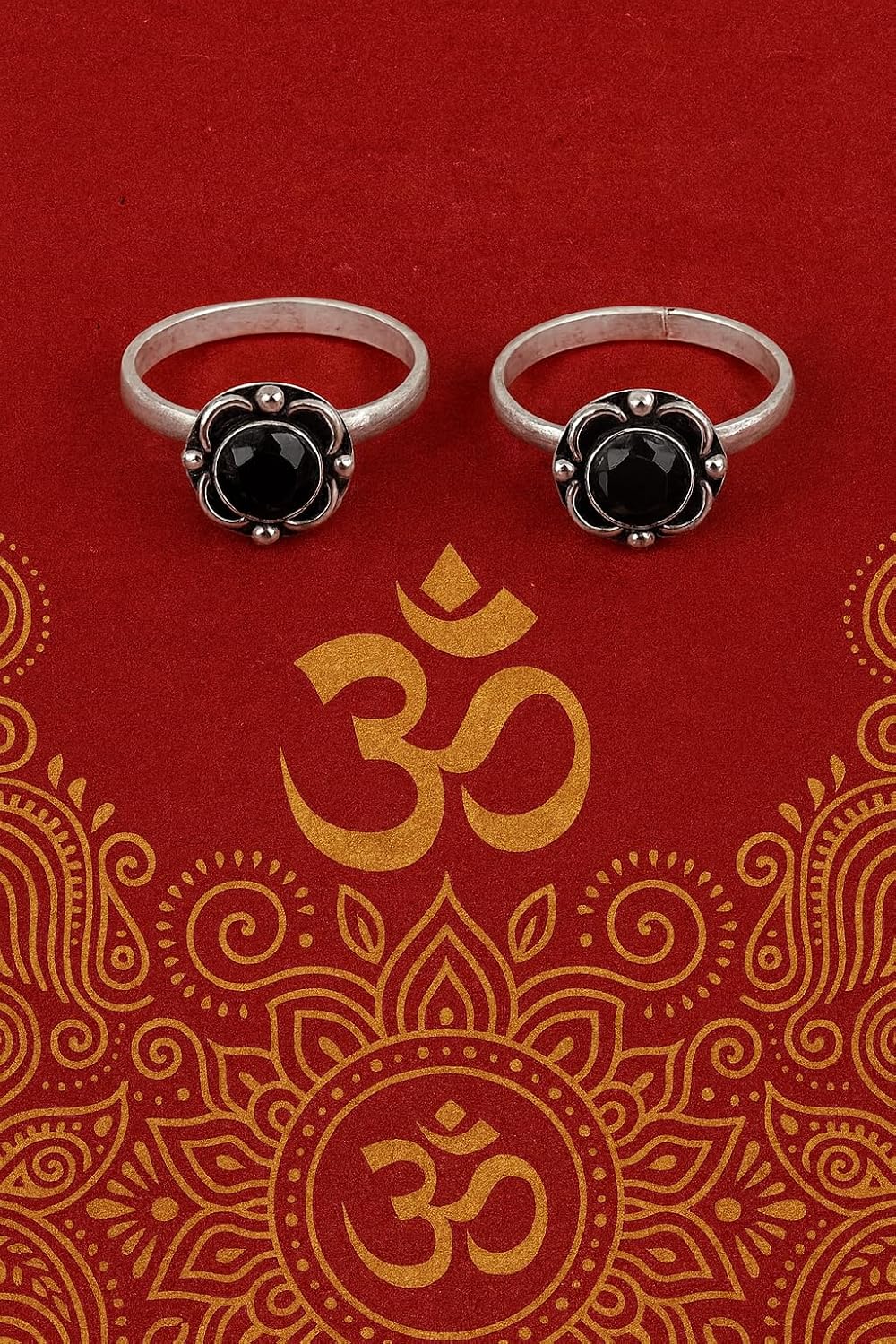 El Regalo Flower Toe Rings For Women | Stones Toe Rings | Oxidized German Silver Flower Toe Rings Set with Stones (1 Pair) for Women (Black Stones)