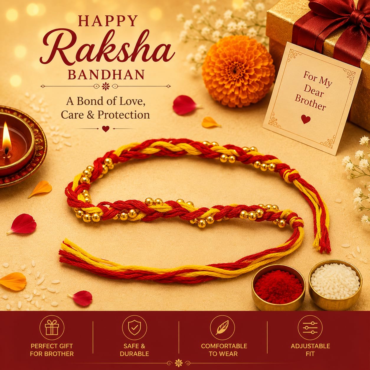 El Regalo Traditional Moli Rakhi for Brother | Long Braided Kalava Raksha Sutra Thread | Red Yellow Sacred Mauli Dhaga | Handmade Minimalist Rakhi for Men & Boys | Raksha Bandhan