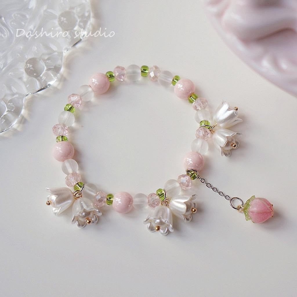 El Regalo Women's 1Pc Beautiful Lily Of The Valley Flower Tassel Beads Bracelet- Pink, Green & White Lilly Bells Pearl Vintage Bracelet