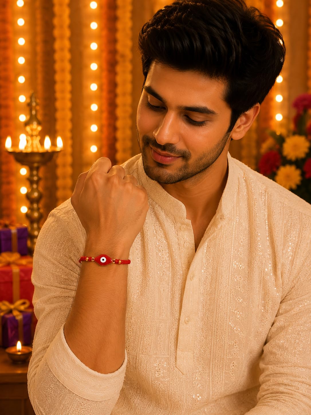 El Regalo Evil Eye Bracelet Rakhi for Brother with Roli Chawal in Gift Box (Red -A)
