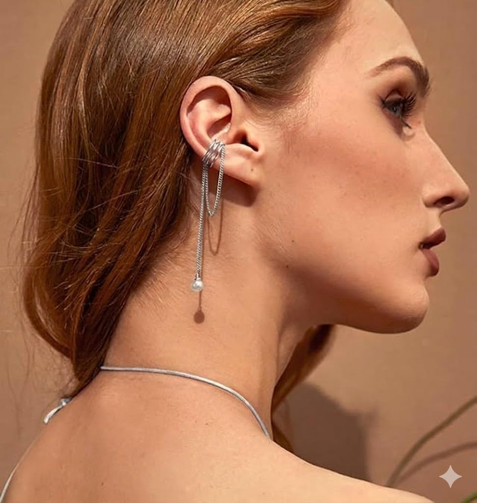 El Regalo 1 Pair Pearl Threader Layered Cartilage Clip On Cuff Wrap Earrings- Non Pierced Elegant Drop Dangle Hanging Tassel Chain Cuffs Earrings (Silver)